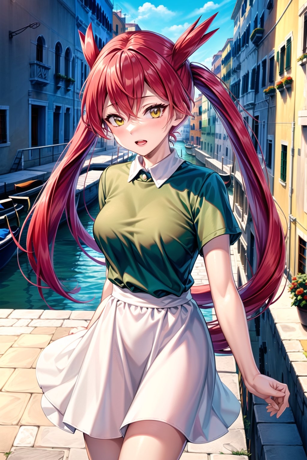 (masterpiece), latias, 1girl, solo,very long hair, twintails, red hair,  above medium breasts,  looking at viewer, naughty face, open mouth, outdoor, venice background, yellow eyes, short sleeves, red hair, puffy sleeves, bright green collar t shirt, white skirt