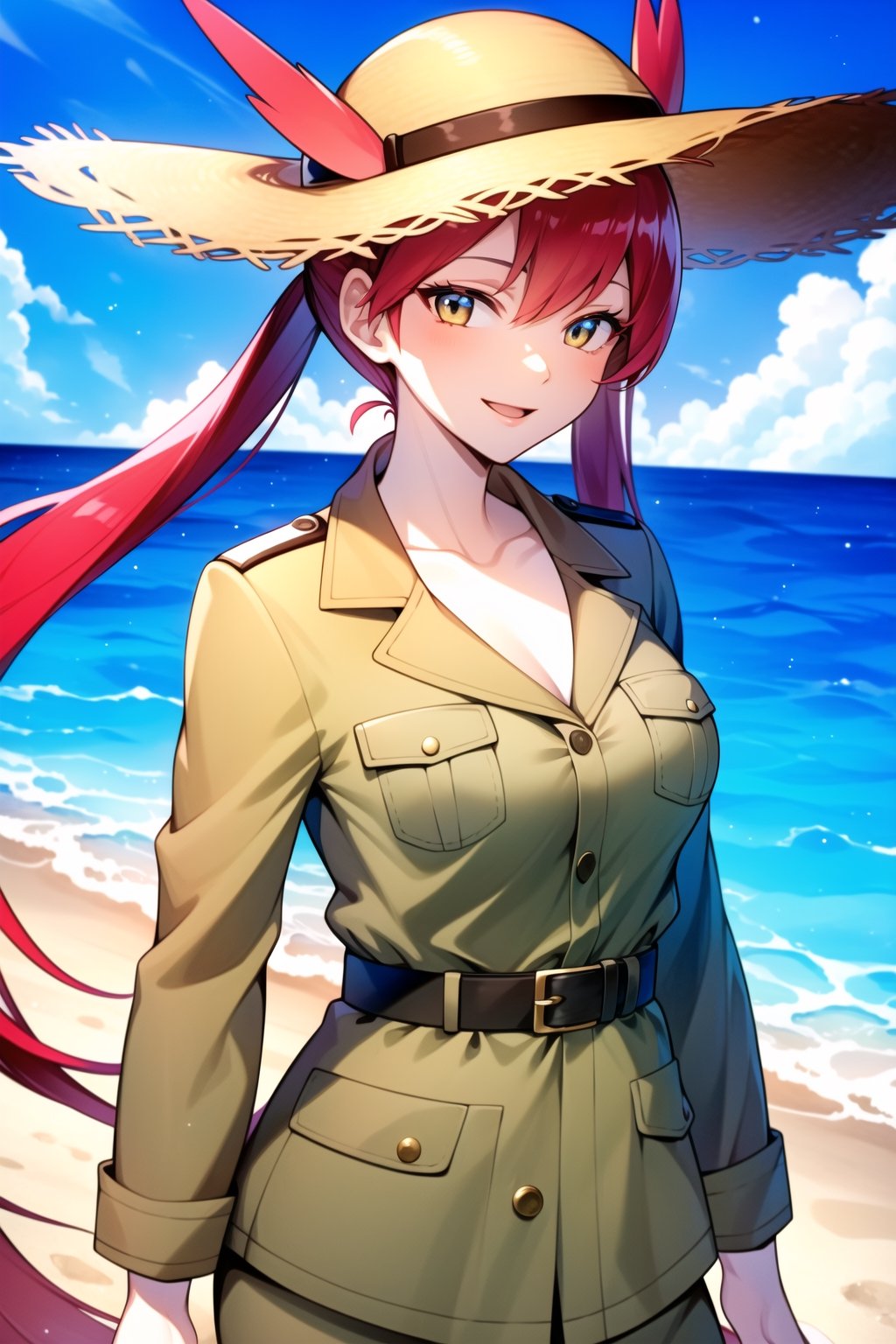 (masterpiece), latias, 1girl, solo,very long hair, red hair, twintails, medium breast, looking at scenery, happy face, island background, khaki safari outfit, safari hat,1 girl,