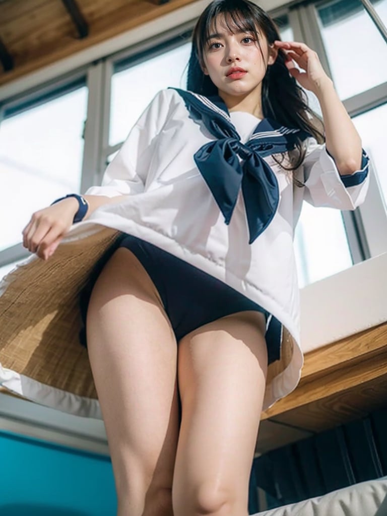 beautiful girl, teenage, 16 yo, sailor_girls, sexy, revealing_clothes, panties, ((from below))