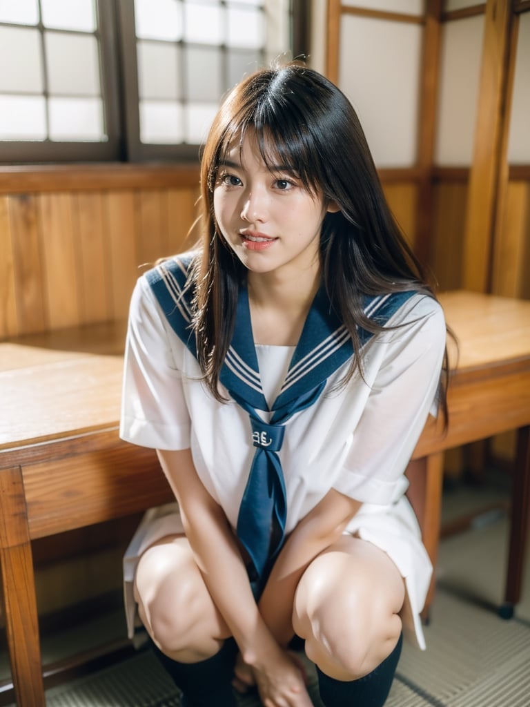 beautiful 18 year old japanse girl, Best quality, masterpiece, ultra high res, (photorealistic:1.4), raw photo, glowing skin, full body,  ,ear_rings, slim, long hair, Detailedface, large breasts, confidence smile, japan classroom background, glasses, long socks,wear japanese school uniform,sailor_girls