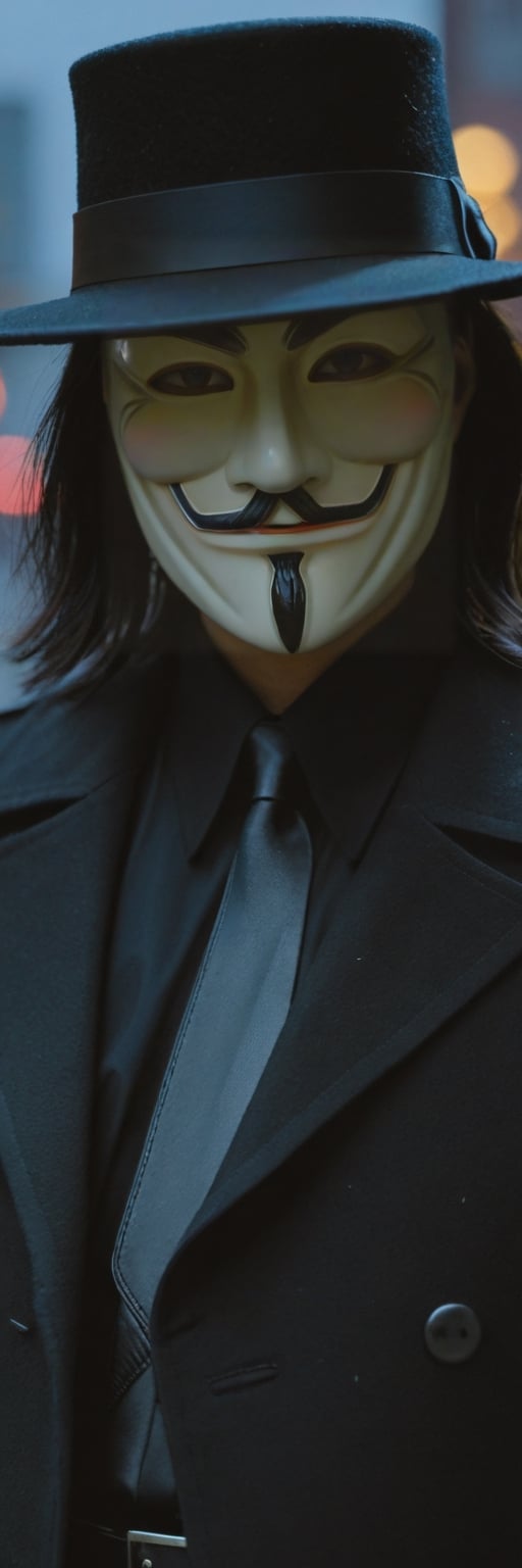 Highly detailed and hyper-realistic photo portrait of (the character V from V For Vendetta:1.4), (wearing a Guy Fawkes mask:1.3), (black fedora hat:1.2), (black Renaissance Doublets Jacket with black leather belt:1.2), (black priest collar:1.3), (long hoodless black cape:1.3), (straight raven hair to the shoulder:1.4), standing in a dark city with rain at night. BREAK (aggressive and provocative expression:1.3), tough pose, (front view:1.4), looking at the viewer, BREAK vaporwave aesthetics, (upper body shot:1.2), blueish visual tone, (night settings:1.2),(well-lit:1.2), eye level, dark smoky background, BREAK (extremely realistic and accurate:1.4), league of legends, octane render, intricate, ultra-realistic, elegant, highly detailed, concept art, smooth, sharp focus,