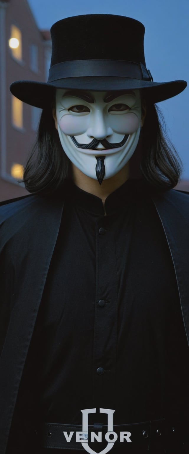 Highly detailed and hyper-realistic photo portrait of (the character V from V For Vendetta:1.4), (wearing a Guy Fawkes mask:1.3), (black fedora hat:1.2), (black Renaissance Doublets Jacket with black leather belt:1.2), (black priest collar:1.3), (long hoodless black cape:1.3), (straight raven hair to the shoulder:1.4), standing in a dark city with rain at night. BREAK (aggressive and provocative expression:1.3), tough pose, (front view:1.4), looking at the viewer, BREAK vaporwave aesthetics, (upper body shot:1.2), blueish visual tone, (night settings:1.2),(well-lit:1.2), eye level, dark smoky background, BREAK (extremely realistic and accurate:1.4), league of legends, octane render, intricate, ultra-realistic, elegant, highly detailed, concept art, smooth, sharp focus,