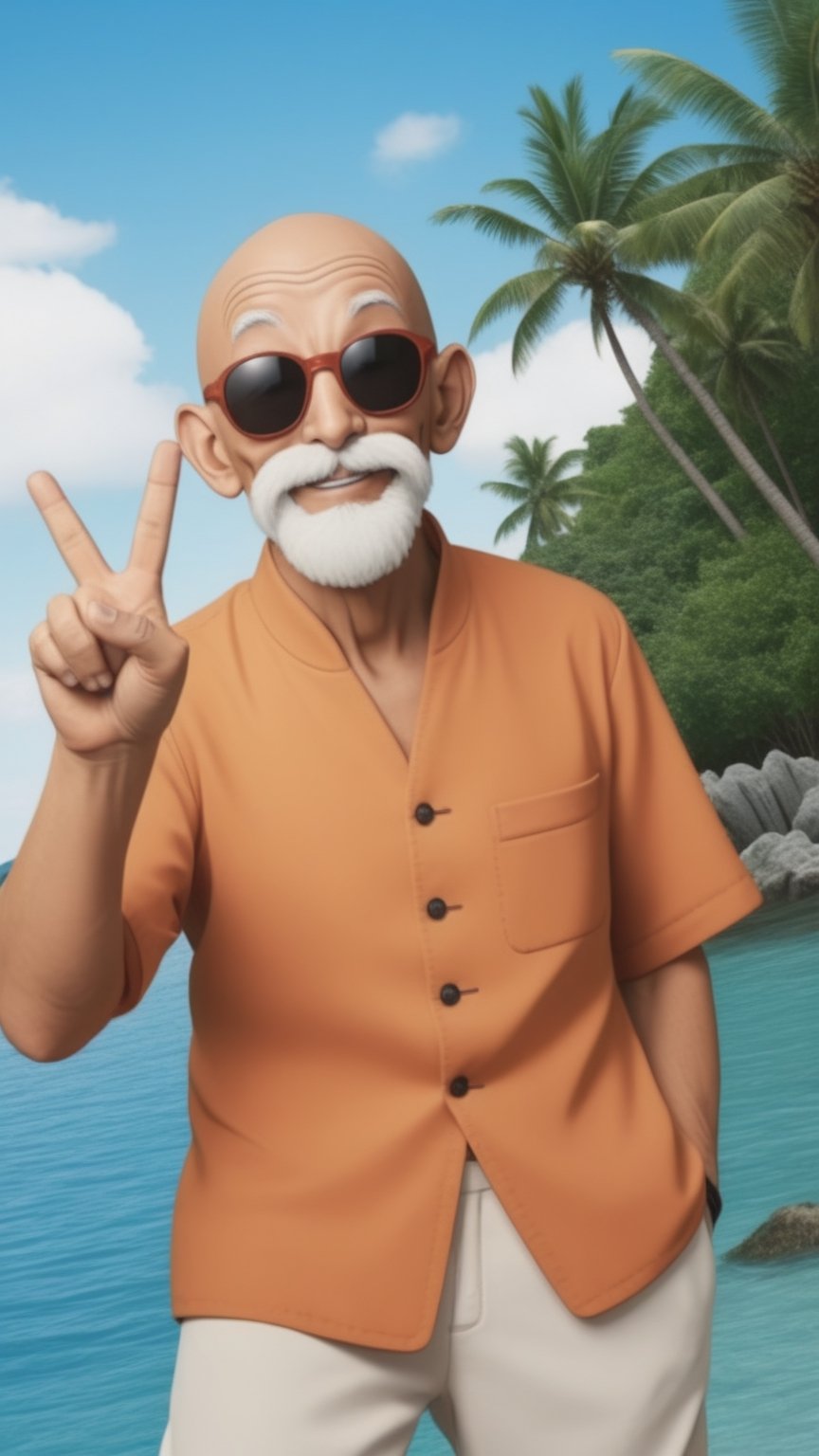 Photorealistic, analog photo, raw, a bald and smiling man, with dark sunglasses, it's Muten Roshi from Dragon ball. He's making the peace sign. He's in a small tropical island, with a giant sea turtle 