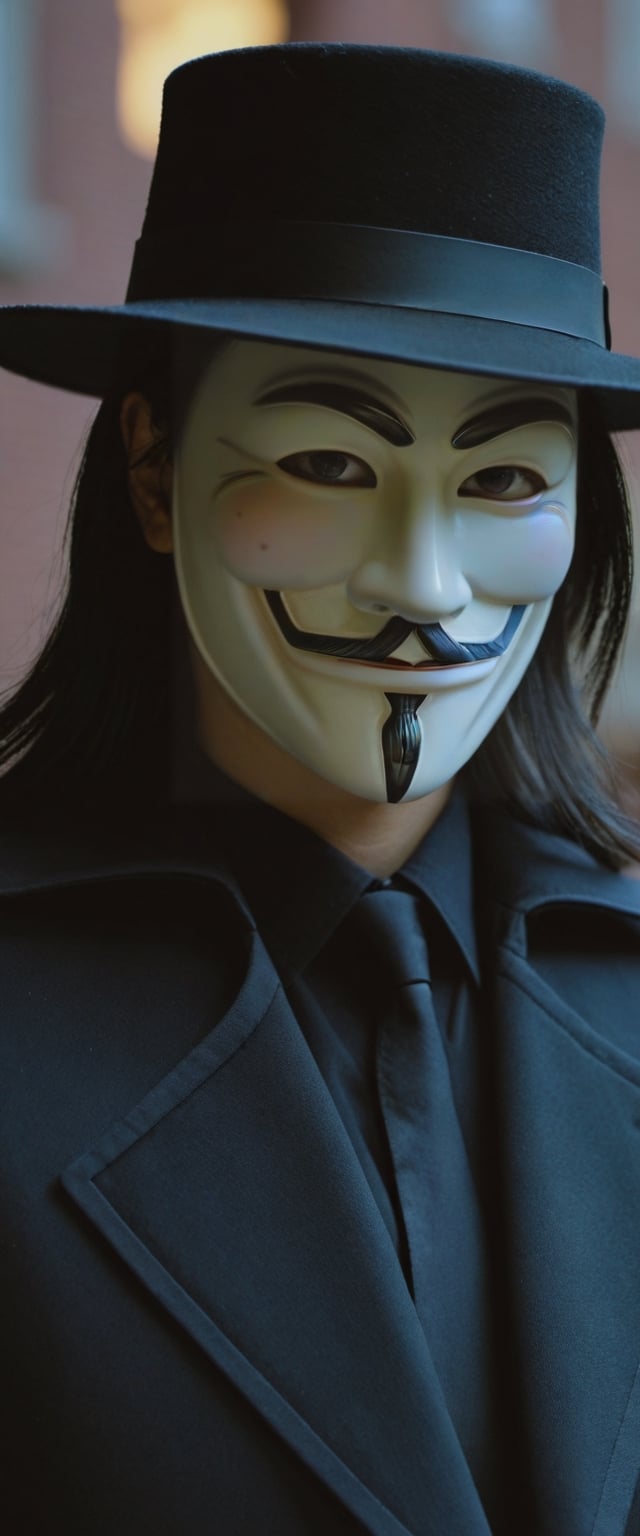 Highly detailed and hyper-realistic photo portrait of (the character V from V For Vendetta:1.4), (wearing a Guy Fawkes mask:1.3), (black fedora hat:1.2), (black Renaissance Doublets Jacket with black leather belt:1.2), (black priest collar:1.3), (long hoodless black cape:1.3), (straight raven hair to the shoulder:1.4), standing in a dark city with rain at night. BREAK (aggressive and provocative expression:1.3), tough pose, (front view:1.4), looking at the viewer, BREAK vaporwave aesthetics, (upper body shot:1.2), blueish visual tone, (night settings:1.2),(well-lit:1.2), eye level, dark smoky background, BREAK (extremely realistic and accurate:1.4), league of legends, octane render, intricate, ultra-realistic, elegant, highly detailed, concept art, smooth, sharp focus,