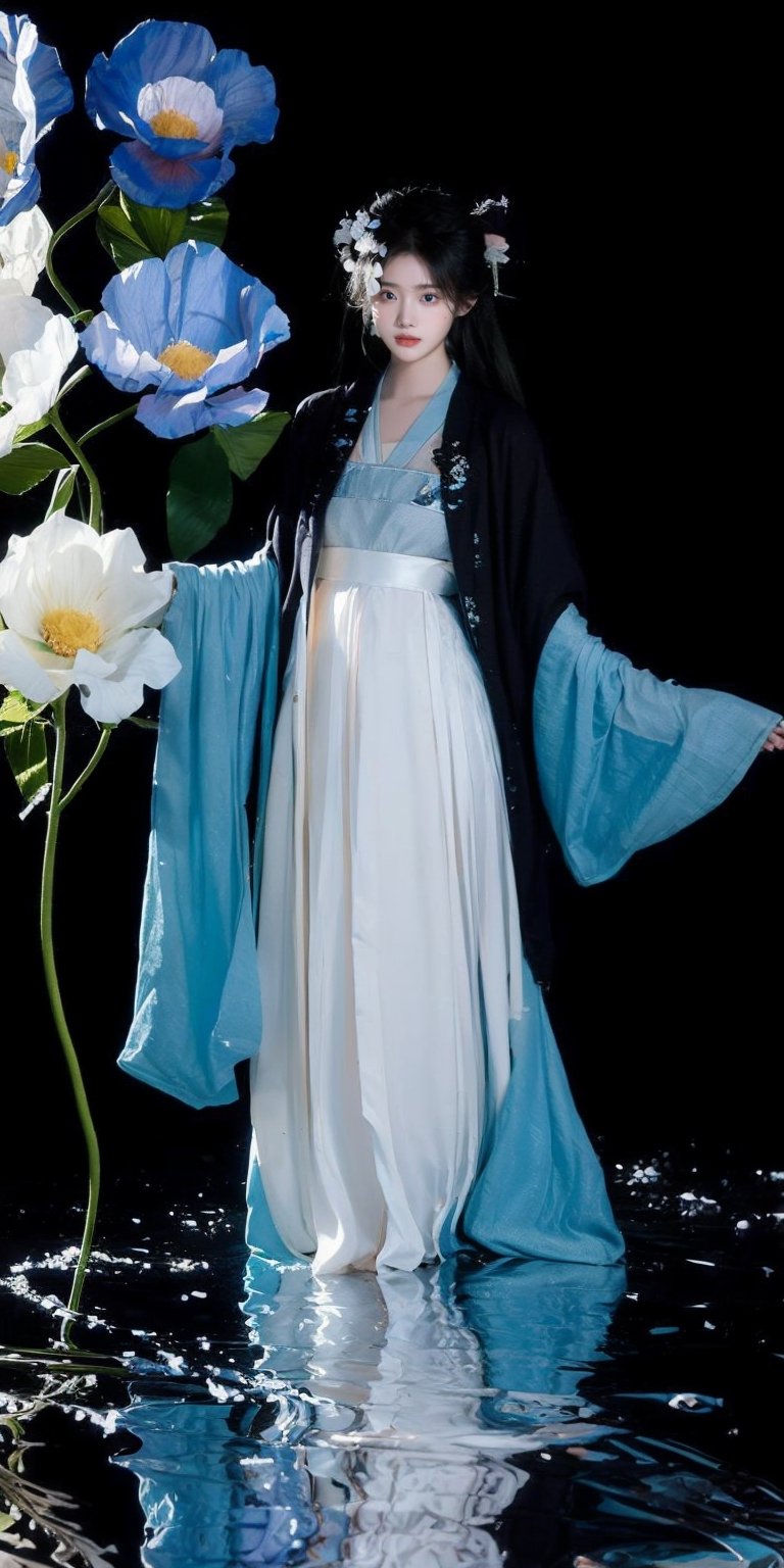 1girl, solo, black hair, hair ornament, long sleeves, dress, standing, flower, wide sleeves, white dress, chinese clothes, black background, reflection, blue flower, robe, hanfu,  hanfuandflower,better_hands