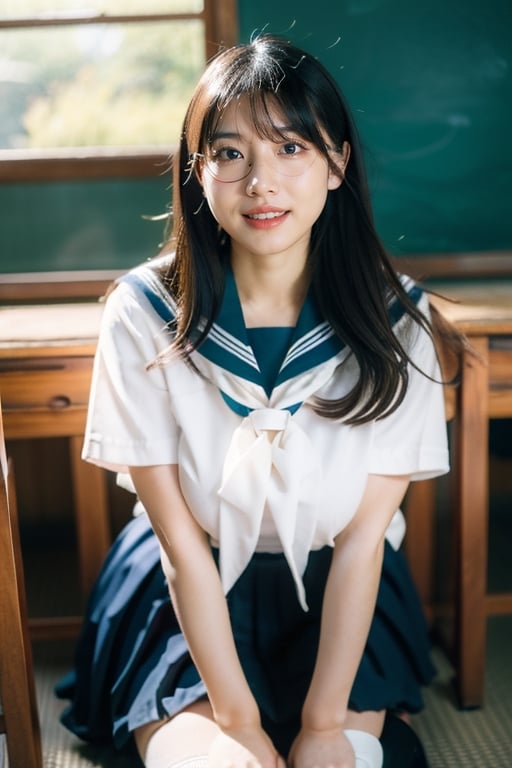 beautiful 18 year old japanse girl, Best quality, masterpiece, ultra high res, (photorealistic:1.4), raw photo, glowing skin, full body,  ,ear_rings, slim, long hair, Detailedface, large breasts, confidence smile, japan classroom background, glasses, long socks,wear japanese school uniform,sailor_girls