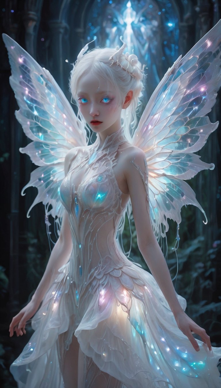 1girl, (masterpiece), stunning hybrid girl,  albino fairy and an albino demon girl,Pure white white pigtails,
blur background, sharp focus, albino demon girl,slit pupil eyes,Intricate Iris Details their ethereal beauty blending seamlessly to create a mesmerizing presence. Adorned in a shimmering gown that seems to radiate with otherworldly light, this unique being captivates all who behold her. Her delicate wings, reminiscent of both fairy wings and demonic appendages, flutter gracefully as she moves, adding to her enchanting allure. Despite her mixed heritage, there is a harmonious balance to her appearance, evoking a sense of wonder and admiration in all who gaze upon her.",Butterfly Style