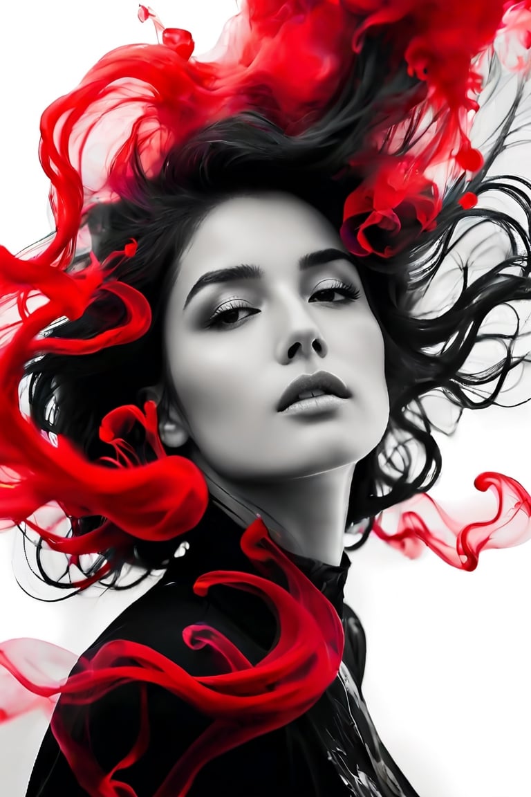 photography, a beautiful woman with dark hair in black and white is surrounded by red ink that flows like smoke. She has her head tilted back as she floats underwater, creating an ethereal atmosphere. Her face reflects intense emotions of pain or sadness, adding to his mysterious allure. Open eyes 