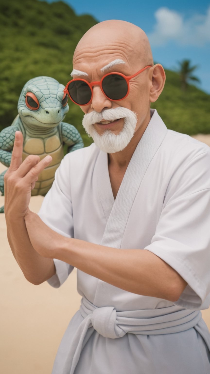 Photorealistic, analog photo, raw, a bald and smiling man, with dark sunglasses, it's Muten Roshi from Dragon ball. He's making the peace sign. He's in a small tropical island, with a giant sea turtle 