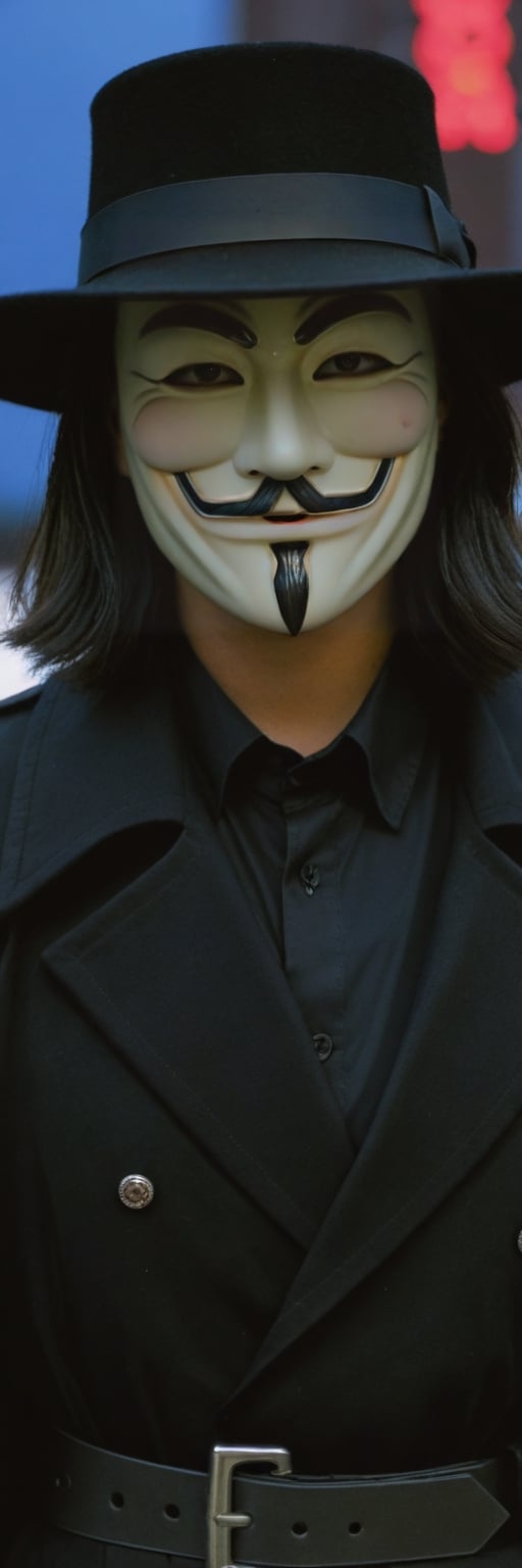 Highly detailed and hyper-realistic photo portrait of (the character V from V For Vendetta:1.4), (wearing a Guy Fawkes mask:1.3), (black fedora hat:1.2), (black Renaissance Doublets Jacket with black leather belt:1.2), (black priest collar:1.3), (long hoodless black cape:1.3), (straight raven hair to the shoulder:1.4), standing in a dark city with rain at night. BREAK (aggressive and provocative expression:1.3), tough pose, (front view:1.4), looking at the viewer, BREAK vaporwave aesthetics, (upper body shot:1.2), blueish visual tone, (night settings:1.2),(well-lit:1.2), eye level, dark smoky background, BREAK (extremely realistic and accurate:1.4), league of legends, octane render, intricate, ultra-realistic, elegant, highly detailed, concept art, smooth, sharp focus,