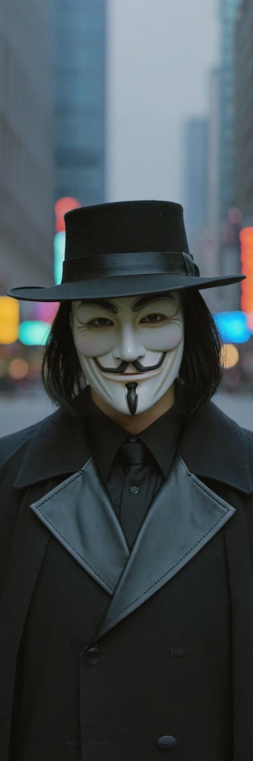 Highly detailed and hyper-realistic photo portrait of (the character V from V For Vendetta:1.4), (wearing a Guy Fawkes mask:1.3), (black fedora hat:1.2), (black Renaissance Doublets Jacket with black leather belt:1.2), (black priest collar:1.3), (long hoodless black cape:1.3), (straight raven hair to the shoulder:1.4), standing in a dark city with rain at night. BREAK (aggressive and provocative expression:1.3), tough pose, (front view:1.4), looking at the viewer, BREAK vaporwave aesthetics, (upper body shot:1.2), blueish visual tone, (night settings:1.2),(well-lit:1.2), eye level, dark smoky background, BREAK (extremely realistic and accurate:1.4), league of legends, octane render, intricate, ultra-realistic, elegant, highly detailed, concept art, smooth, sharp focus,