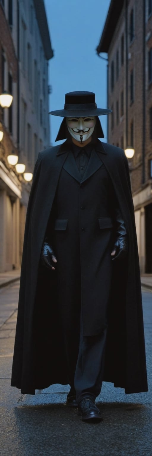 Highly detailed and hyper-realistic photo portrait of (the character V from V For Vendetta:1.4), (wearing a Guy Fawkes mask:1.3), (black fedora hat:1.2), (black Renaissance Doublets Jacket with black leather belt:1.2), (black priest collar:1.3), (long hoodless black cape:1.3), (straight raven hair to the shoulder:1.4), standing in a dark city with rain at night. BREAK (aggressive and provocative expression:1.3), tough pose, (front view:1.4), looking at the viewer, BREAK vaporwave aesthetics, (upper body shot:1.2), blueish visual tone, (night settings:1.2),(well-lit:1.2), eye level, dark smoky background, BREAK (extremely realistic and accurate:1.4), league of legends, octane render, intricate, ultra-realistic, elegant, highly detailed, concept art, smooth, sharp focus,