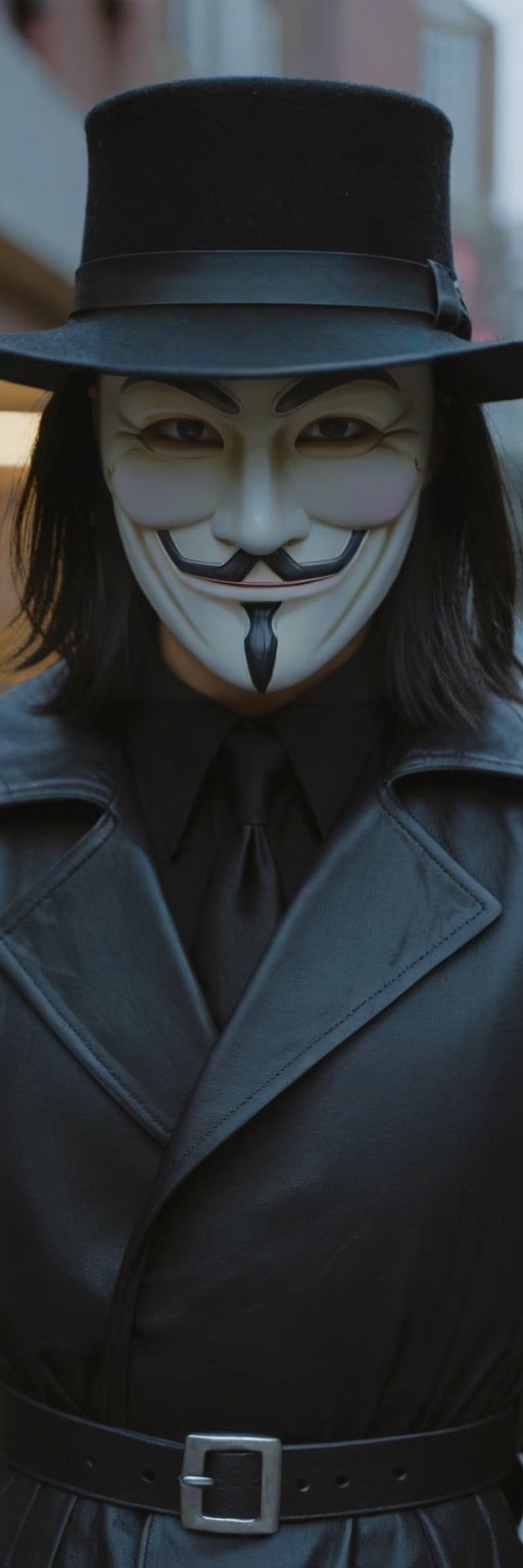 Highly detailed and hyper-realistic photo portrait of (the character V from V For Vendetta:1.4), (wearing a Guy Fawkes mask:1.3), (black fedora hat:1.2), (black Renaissance Doublets Jacket with black leather belt:1.2), (black priest collar:1.3), (long hoodless black cape:1.3), (straight raven hair to the shoulder:1.4), standing in a dark city with rain at night. BREAK (aggressive and provocative expression:1.3), tough pose, (front view:1.4), looking at the viewer, BREAK vaporwave aesthetics, (upper body shot:1.2), blueish visual tone, (night settings:1.2),(well-lit:1.2), eye level, dark smoky background, BREAK (extremely realistic and accurate:1.4), league of legends, octane render, intricate, ultra-realistic, elegant, highly detailed, concept art, smooth, sharp focus,