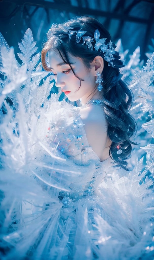 masterpiece, best quality, 1 girl, solo, milky white skin,  ,wrenchfaeflare,  rgb light, crystal splash, fantasy,r1ge,huoshen,snow_crystal_background