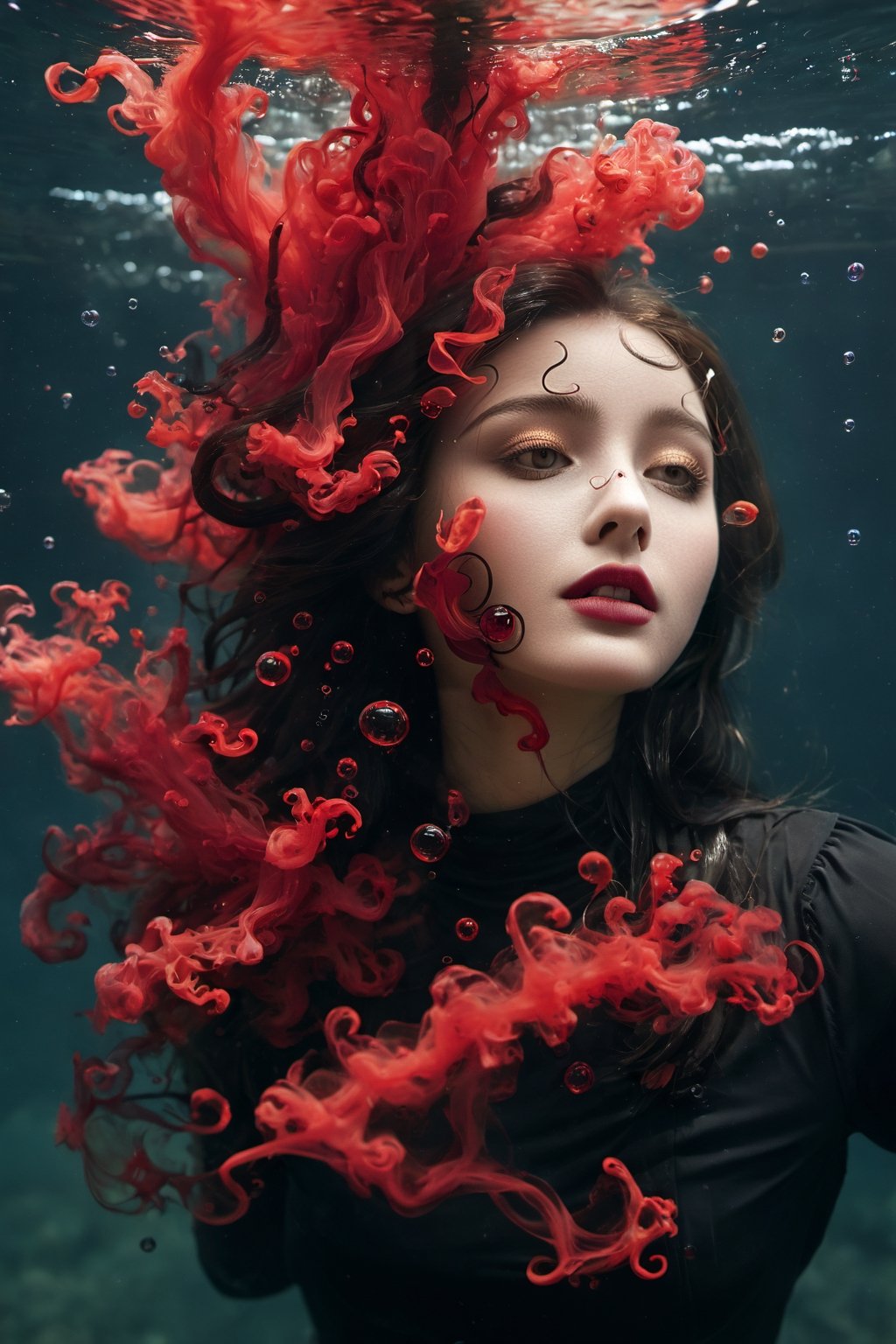 a portrait of a women submerged, with streams of red and black ink swirling around them, resembling billowing smoke underwater. The play of light creates a stark contrast, highlighting the serene expression on the face amidst the chaos of colors, with bubbles scattered across the view, suggesting a silent, slow-motion explosion. The light refracts through the water, adding depth and a dreamlike quality to the scene, focusing on the interplay between the inky tendrils and the illuminated bubbles., Precipitate girl, sexy pose