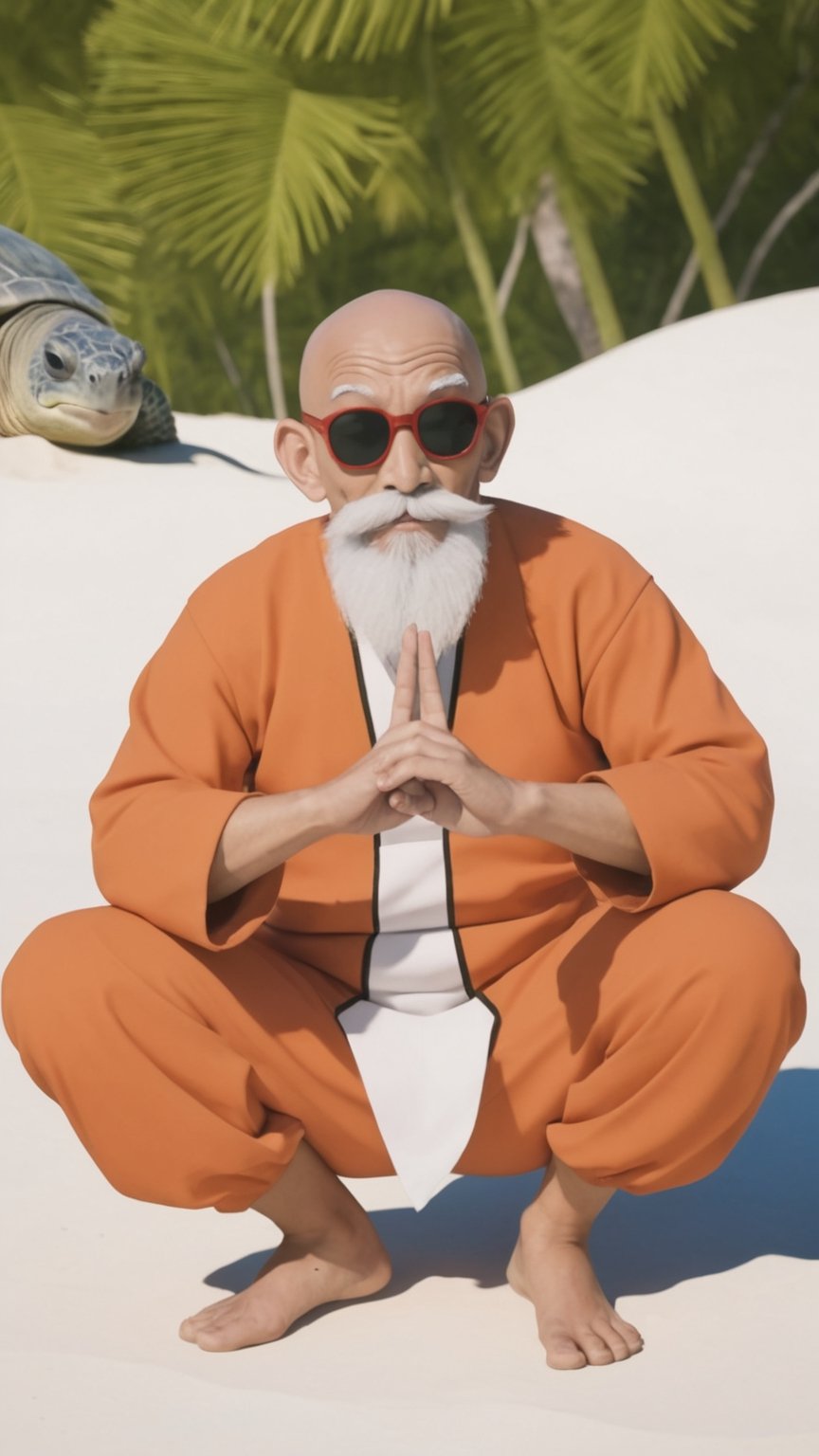 Photorealistic, analog photo, raw, a bald and smiling man, with dark sunglasses, it's Muten Roshi from Dragon ball. He's making the peace sign. He's in a small tropical island, with a giant sea turtle 