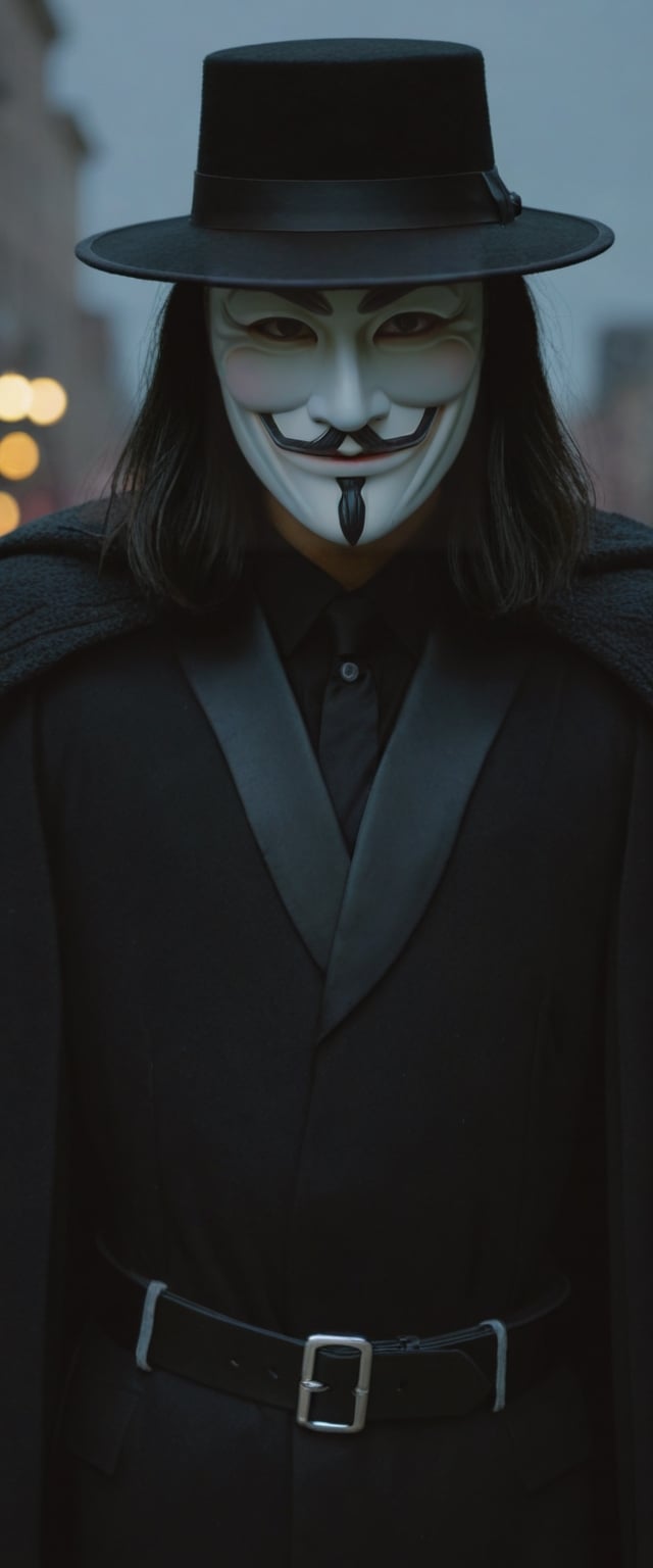 Highly detailed and hyper-realistic photo portrait of (the character V from V For Vendetta:1.4), (wearing a Guy Fawkes mask:1.3), (black fedora hat:1.2), (black Renaissance Doublets Jacket with black leather belt:1.2), (black priest collar:1.3), (long hoodless black cape:1.3), (straight raven hair to the shoulder:1.4), standing in a dark city with rain at night. BREAK (aggressive and provocative expression:1.3), tough pose, (front view:1.4), looking at the viewer, BREAK vaporwave aesthetics, (upper body shot:1.2), blueish visual tone, (night settings:1.2),(well-lit:1.2), eye level, dark smoky background, BREAK (extremely realistic and accurate:1.4), league of legends, octane render, intricate, ultra-realistic, elegant, highly detailed, concept art, smooth, sharp focus,