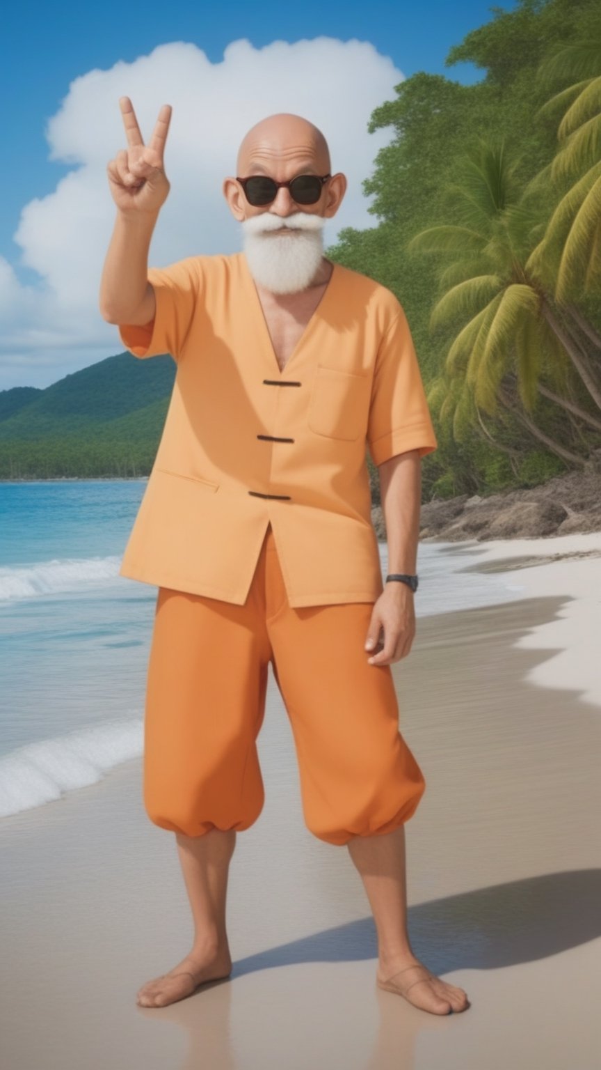 Photorealistic, analog photo, raw, a bald and smiling man, with dark sunglasses, it's Muten Roshi from Dragon ball. He's making the peace sign. He's in a small tropical island, with a giant sea turtle 