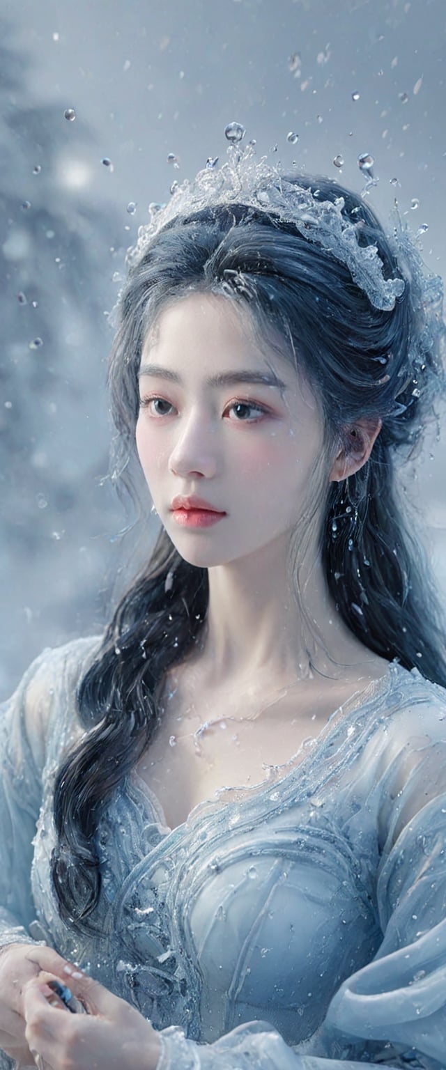 (winter theme):1.67, award-winning portrait, hyperrealistic:1.5, the most remarkable elegant princess in the world, light-blue exquisite hanfu made of water, black embroidery, long and wide sleeves, (pronounced facial features):1.2, face radiating lust, (symmetric v-shaped face):1.3, (bright eyes):1.4, glamorous face, long hair, watce, (rose petals):1.5, Chinese girl