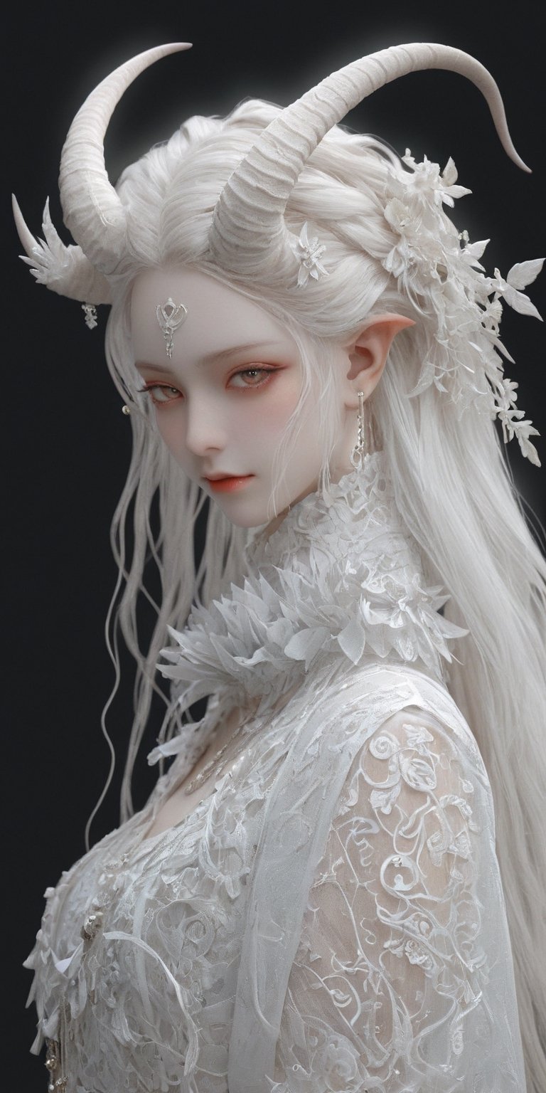 1 girl, Whole_body, (masterful), albino demon girl ,(white dreadlocks,mesh fishnet blouse, (long intricate horns:1.2),best quality, highest quality, extremely detailed CG unity 8k wallpaper, detailed and intricate, 
,steampunk style,Glass Elements, looking_at_viewer,chinese girls,goth person