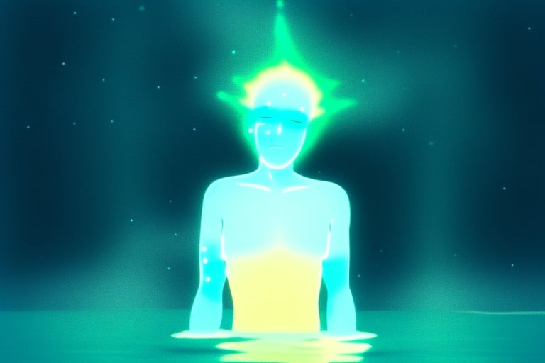 "A character submerged in water, surrounded by a blueish hue. The character seems to be in a state of tranquility or unconsciousness, with short hair and no distinct clothing visible. The background features glowing intricate designs, adding an ethereal quality to the scene."
