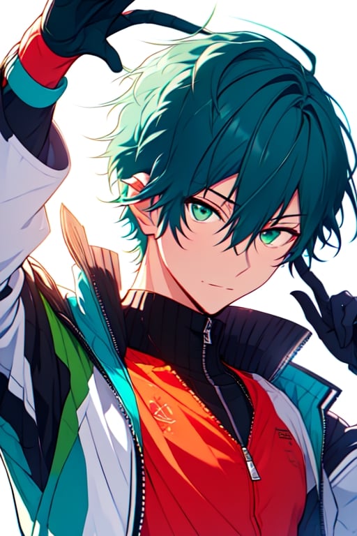 solo, looking at viewer, short hair, bangs, simple background, shirt, blue hair, gloves, long sleeves, 1boy, white background, hair between eyes, closed mouth, jacket, upper body, male focus, green eyes, red neon jacket, adjusting clothes, , adjusting ,Sage_Skyfall,Color Booster