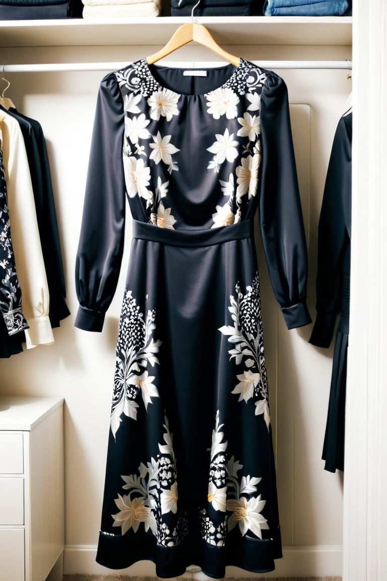 A black dress with beautiful patterns and long sleeves is hanging in the closet