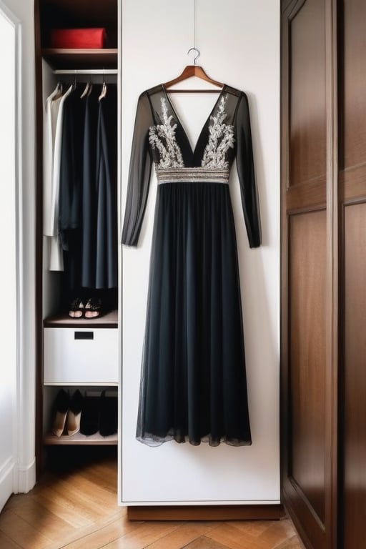 black dress, long transparent sleeves, beautiful white reddecoration on the waist, the dress hanging in a closet