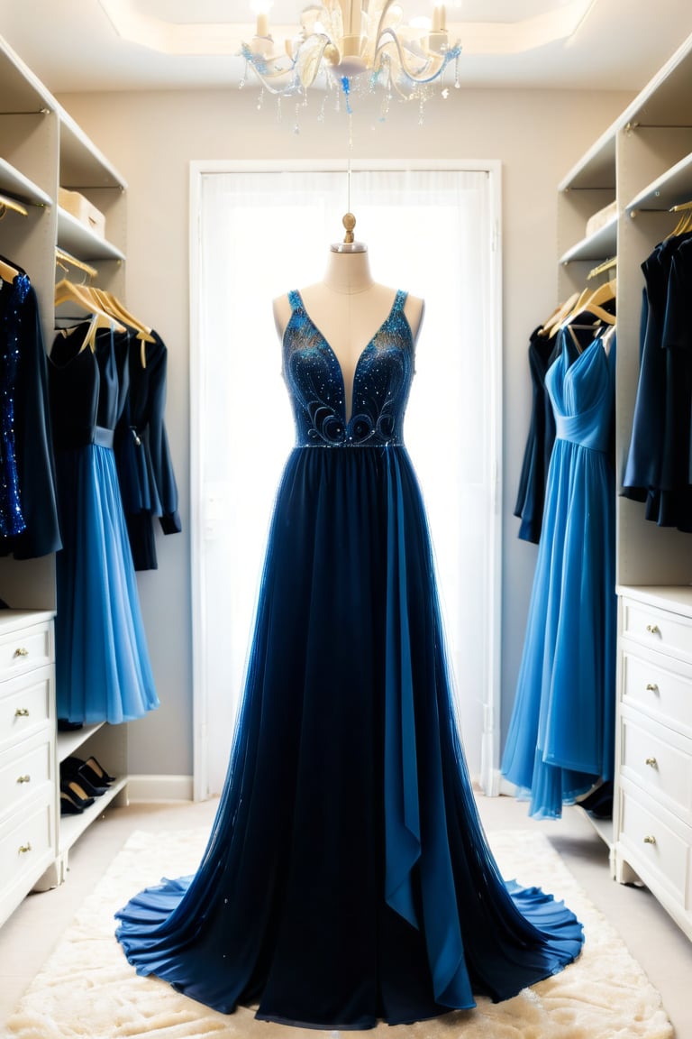  dress, standing, black dress, blue dress, glitter ,hanging in closets 