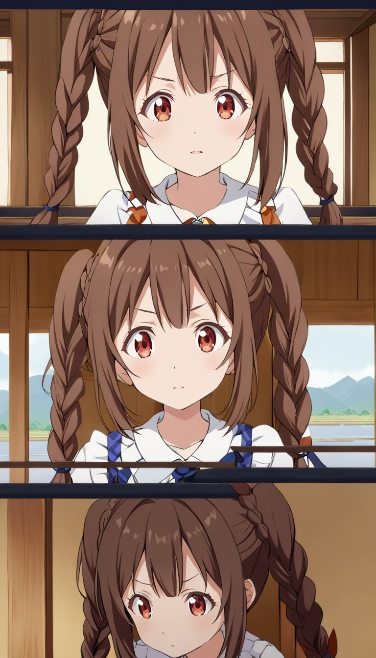 1girl, solo, brown hair, twintails, braid, twin braids, bird, parody, fake screenshot, takatsuki yayoi