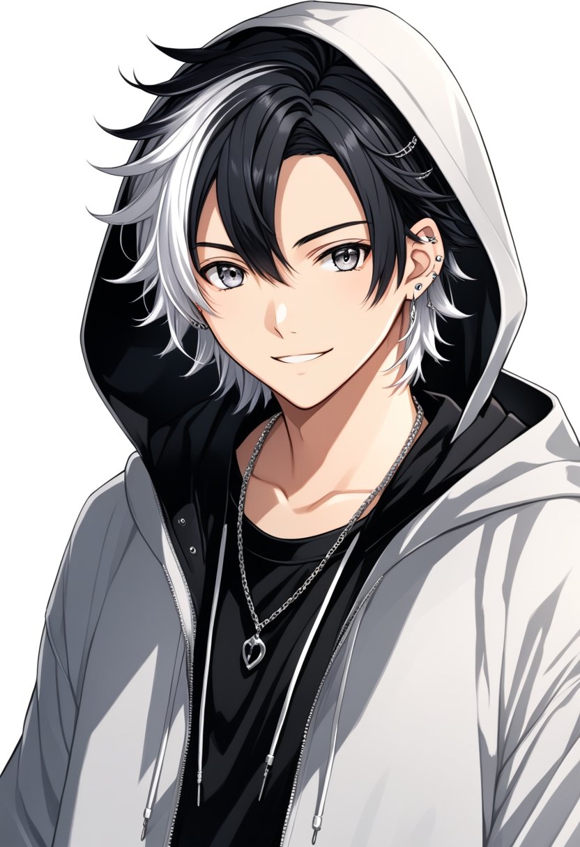 solo, looking at viewer, smile, black hair, 1boy, jewelry, white hair, male focus, multicolored hair, earrings, virtual youtuber, hood, collar, grey eyes, hoodie, piercing, ear piercing, hood up,haruka 