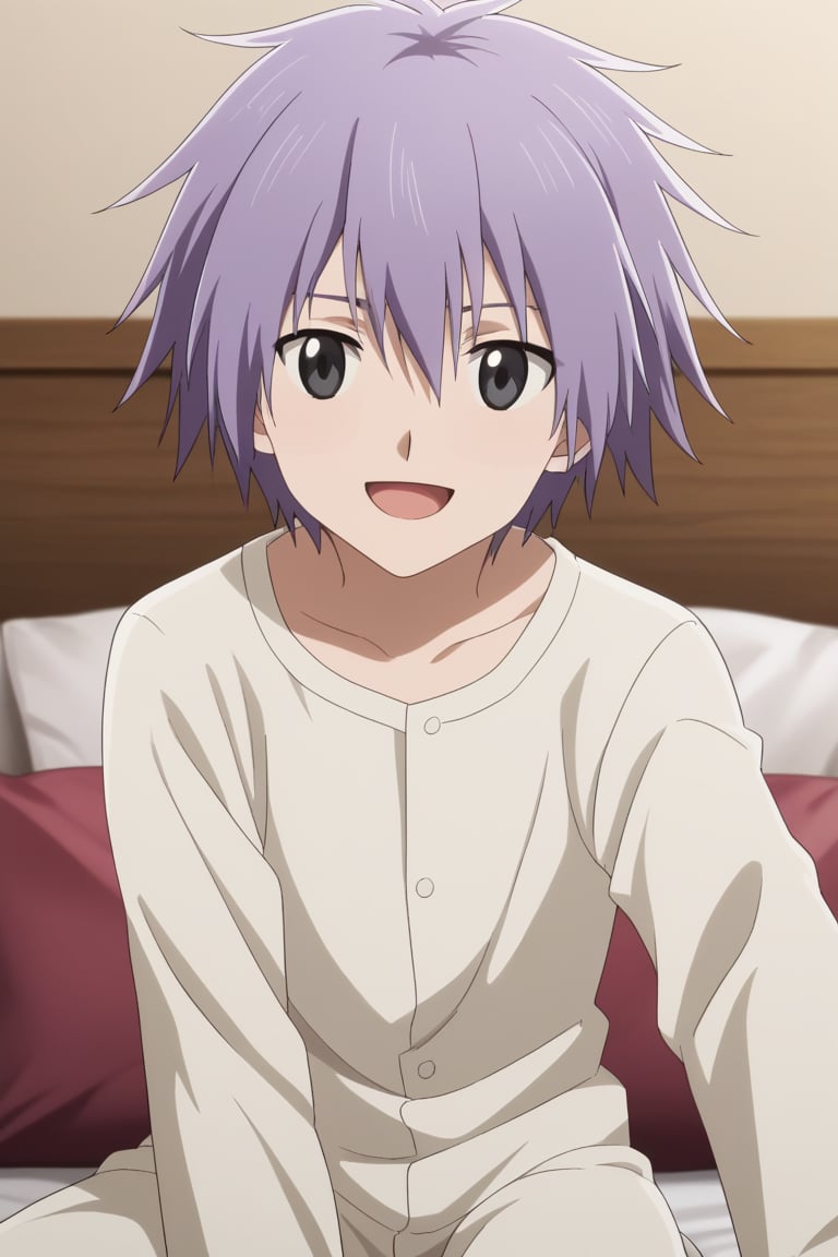 1boy,wear white wear pajama , purple hair,lui_ohwada, black eyes,look at viewer ,sit on bed ,look happy