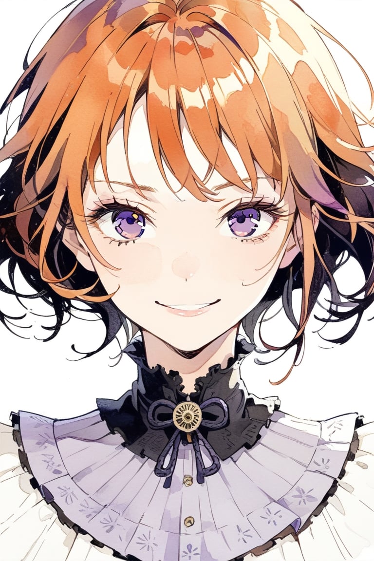 Girl with 
Japanese animation style.
Black revolver. The muzzle is facing you.
Beautiful eyes.
Very detailed and quality illustration.
Simple background. White background.
skirt.,Orange hair,purple eyes 
upper body, 
masterpiece, top quality, aesthetic, smile,girl ,tensura_style