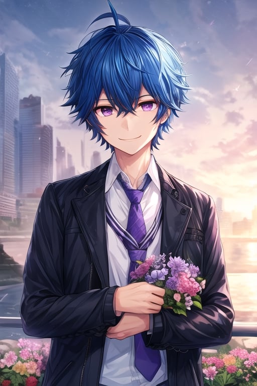 solo, looking at viewer, smile, shirt, 1boy, holding, blue hair, purple eyes, jacket, upper body, flower, ahoge, male focus, outdoors, necktie, holding flower,siams_helios_heros_r