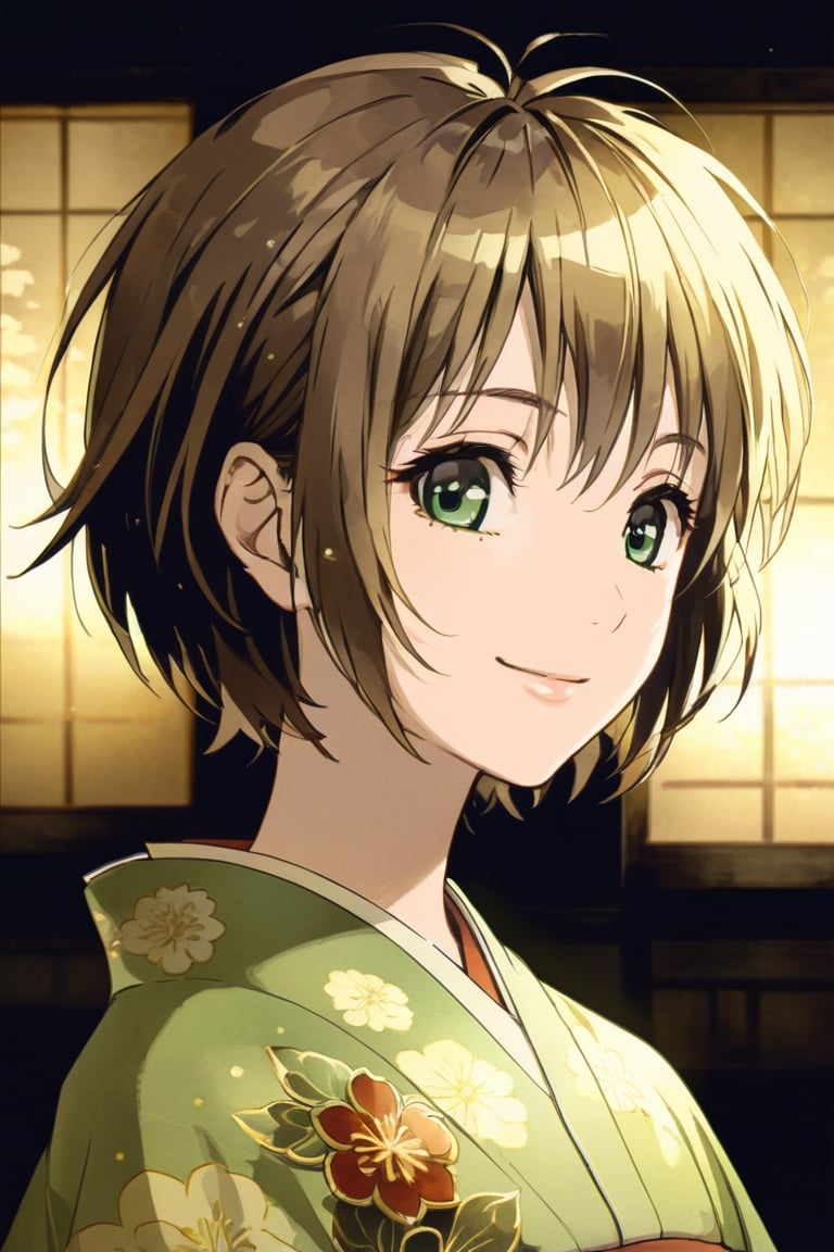 1girl, solo, looking at viewer, smile, short hair, brown hair, green eyes, , profile, bob cut, wear kimono, screenshot