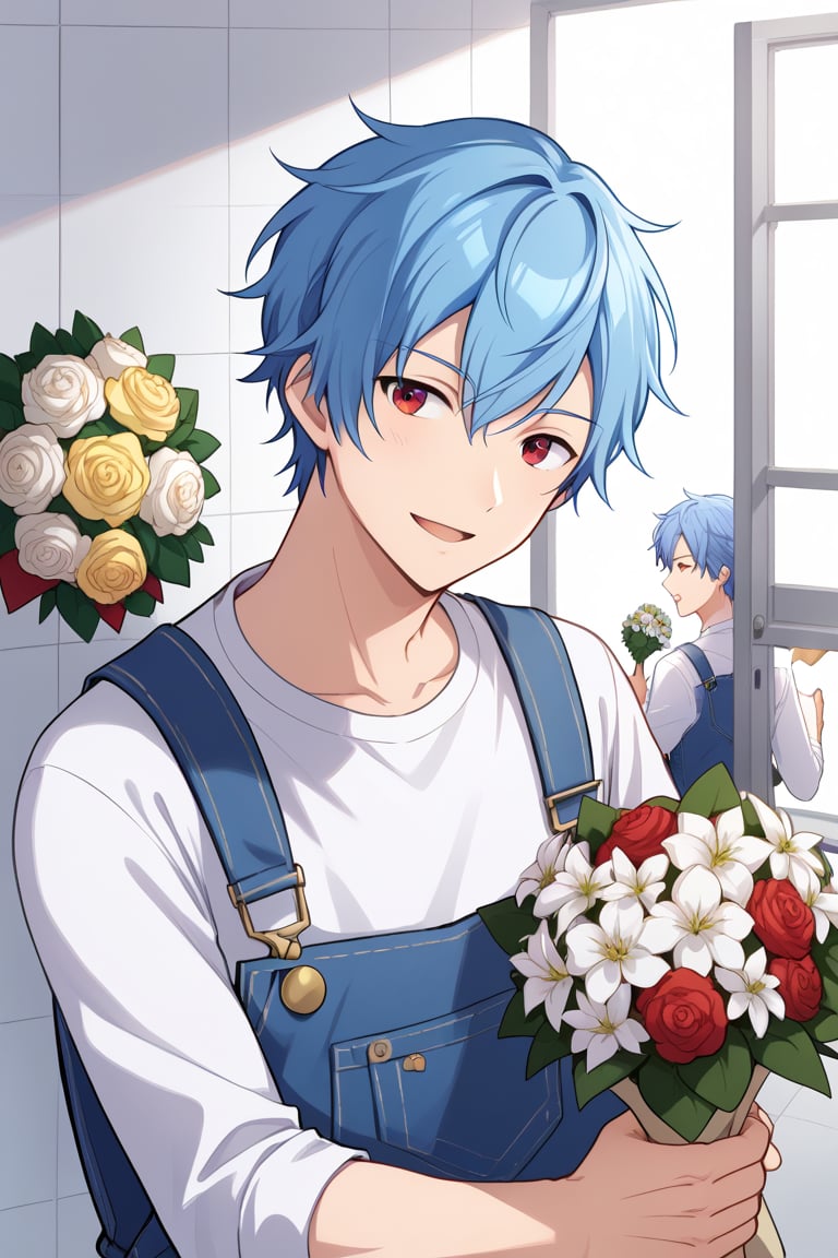 red eyes, 1boy, holding, blue hair, purple eyes, white shirt, upper body, flower, male focus, bouquet, overalls