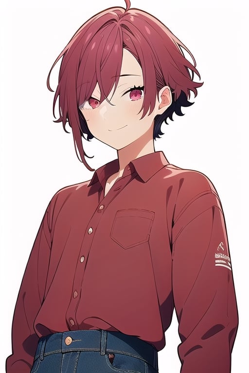 ((best quality)), ((masterpiece)), ((ultra-detailed)), extremely detailed CG, (illustration), ((detailed light)), (an extremely delicate and beautiful), a boy, solo, ((upper body,)), handsome,akane_yanagi,wear red shirt and jeans ,smile,look at the viewer , white background 