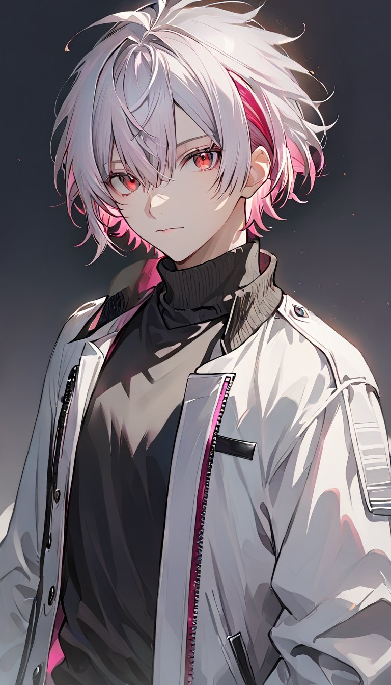 solo, looking at viewer, short hair, bangs, red eyes, shirt, 1boy, hair between eyes, closed mouth, pink hair, jacket, upper body, white hair, male focus, multicolored hair, open clothes, open jacket, streaked hair, black shirt, turtleneck, expressionless, white jacket