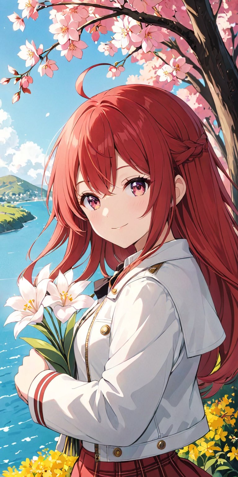 solo, looking at viewer, smile, white shirt,skirt, 1girl, holding, long red hair, pink eyes, white jacket, upper body, flower, ahoge, female focus, outdoors, , holding flower