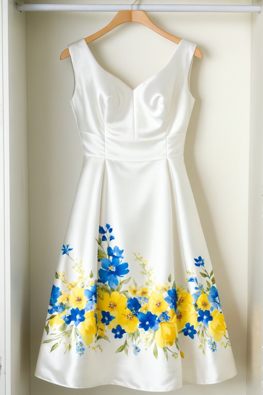 white dress,with  blue and yellow flowers ,no sleeve ,hanging in closet,Movie Poster,MoviePosterAF