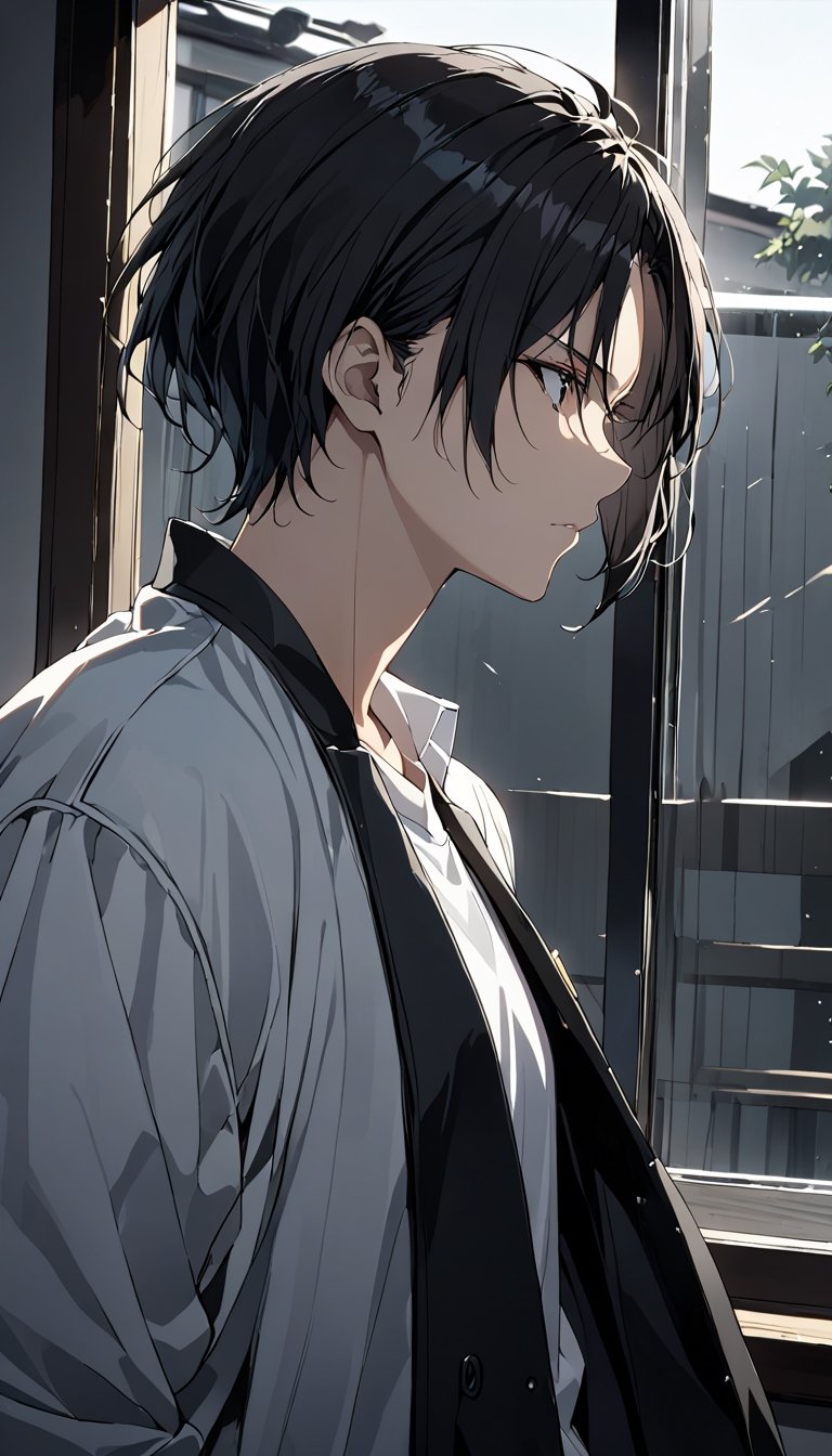 (hisash1mitsui), black tinted hair, serious, white shirt, open jacket, looking out window, cool shot, semi side view, masterpiece, best quality, ultra high definition, 1080p,kaed3rukawa