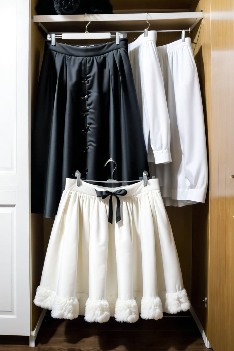 skirt standing,from the top black and from the bottom is white ,fluffy ,hanging in closet