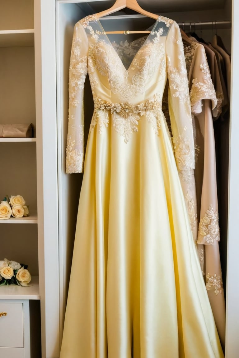 long light yellow wedding dress, long sleeves, beautiful white and gold flower decoration on the waist, the dress hanging in closet 
