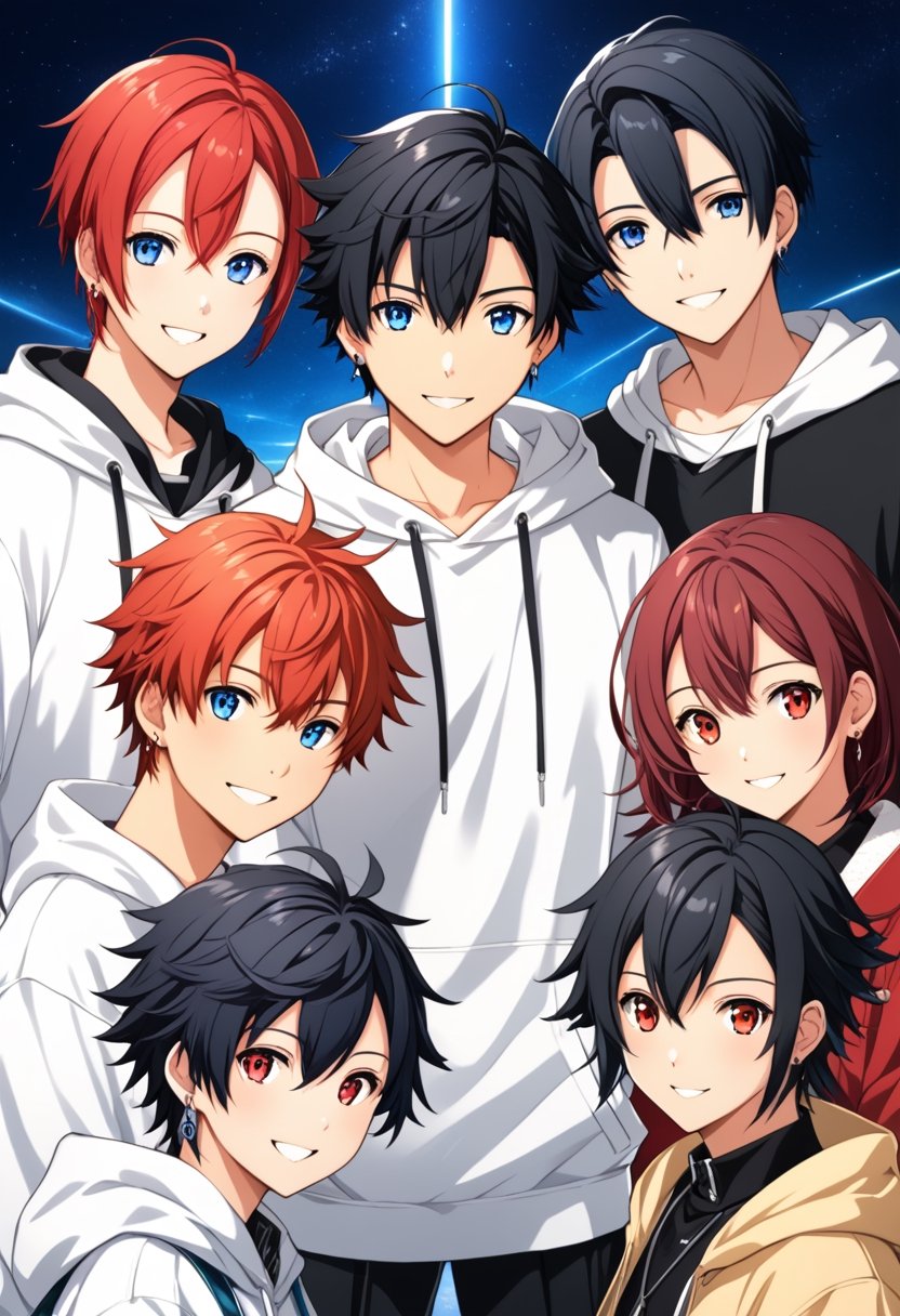 3boy, looking at viewer, smile, short red hair, group, black hair, male focus, multicolored hair, earrings, virtual youtuber, hood, collar, blue eyes, white hoodie, piercing, hood up,haruka,4 girls , dress, hold books