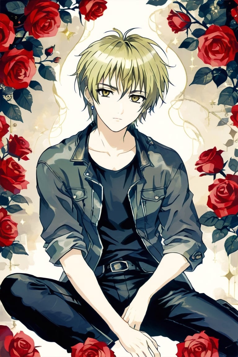 solo, looking at viewer, short hair, bangs,yellow hair, shirt, 1boy, brown eyes, sitting, jacket, flower, male focus, earrings, pants, black shirt, rose, black pants, red flower, red rose, retro artstyle, screenshot, look at viewers ,cool look