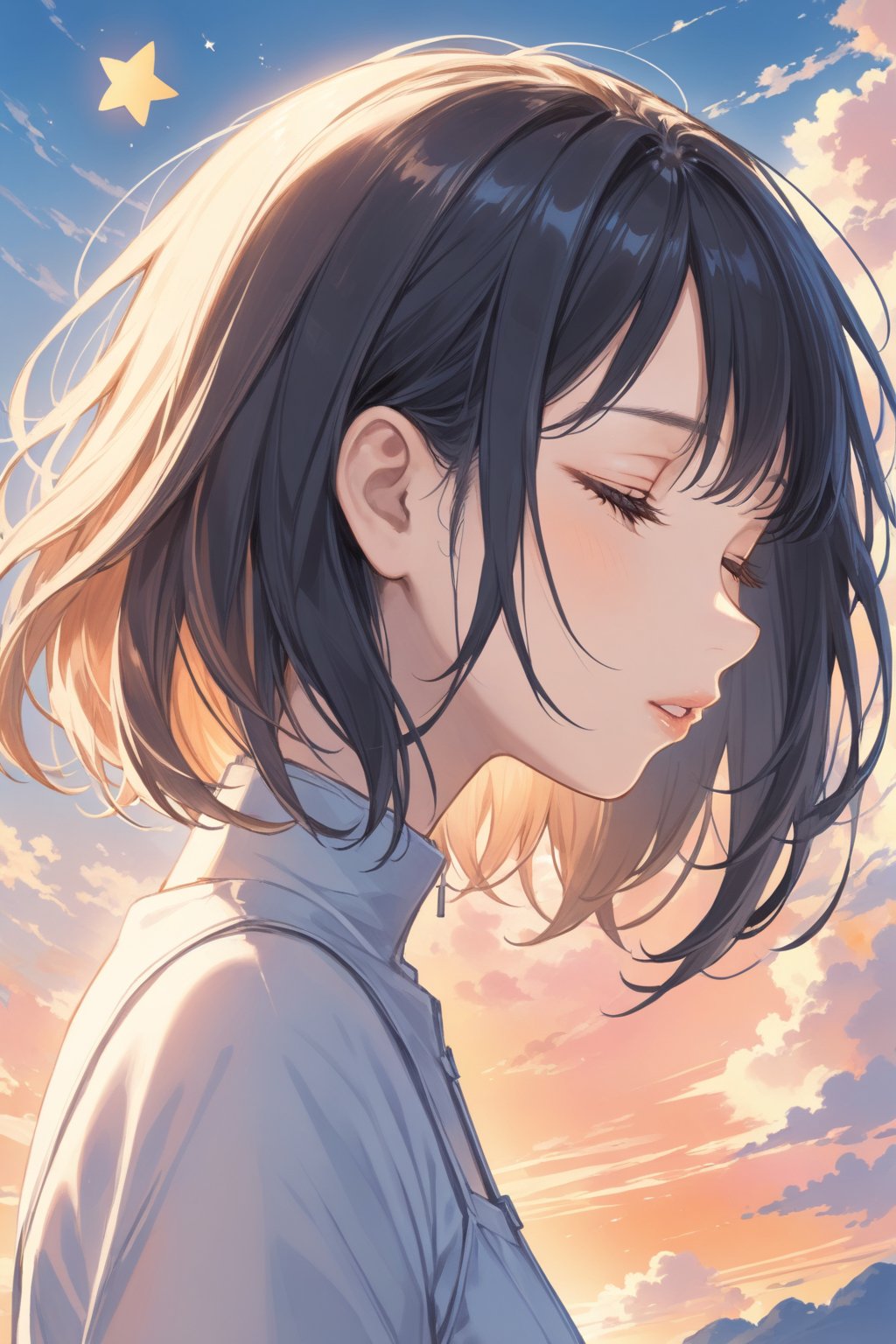 1girl, solo, bob hair, black hair, closed eyes, parted lips, sky, cloud, star \(symbol\), from side, lips, profile, half-closed eyes, cloudy sky, portrait, sunset, sun