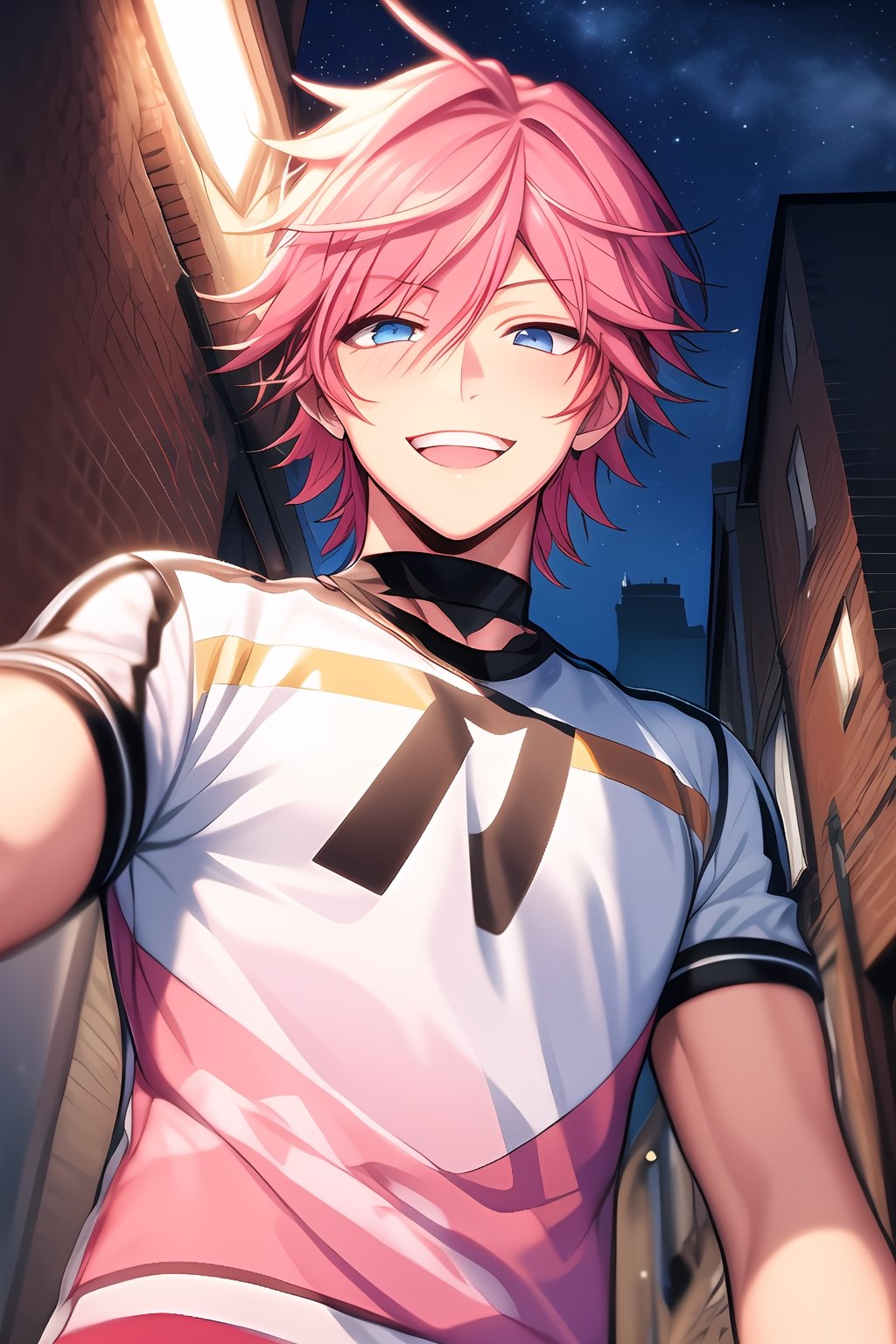 ultrahighres,masterpiece, best quality, Looking at viewer, 1boy, male_focus,,hair between eyes,spiky hair, short hair, upperbody, dark alley, night, from below, smile_Skyfall,Pink hair