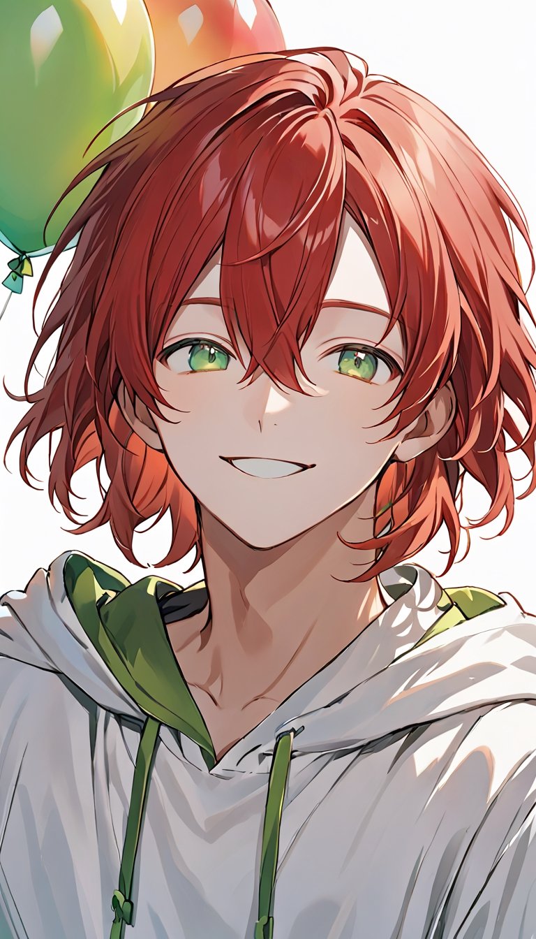 solo, looking at viewer, smile, open mouth, simple background, shirt, long sleeves, 1boy, white background, holding, red hair,hair between eyes, upper body, :d, male focus, collared shirt, hood, green eyes, hoodie, White shirt, balloon ,hskdmnd