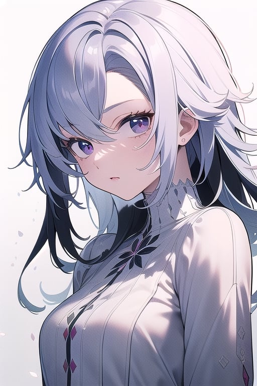 ((best quality)), ((masterpiece)), ((ultra-detailed)), extremely detailed CG, (illustration), ((detailed light)), (an extremely delicate and beautiful), a girl, solo, ((upper body,)),,wear purple long shirt and white skirt, look cool,look at the viewer ,white background,,arlecchino