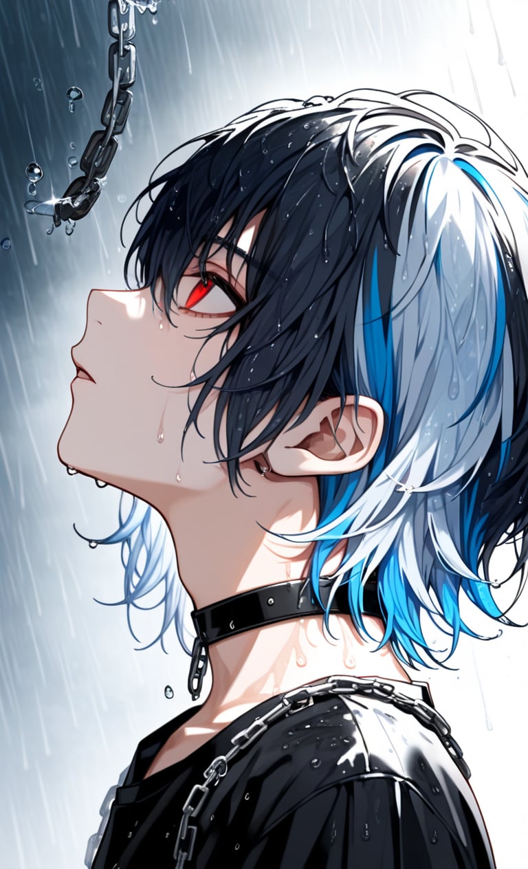 solo, short hair, 1boy, jewelry, red eyes, light blue hair, short hair,male focus, multicolored hair, close lips, choker, from side, streaked hair, wet, profile, chain, black choker, looking up, portrait, androgynous, rain, water drop, wet hair,wear black shirt,upper body,white background 